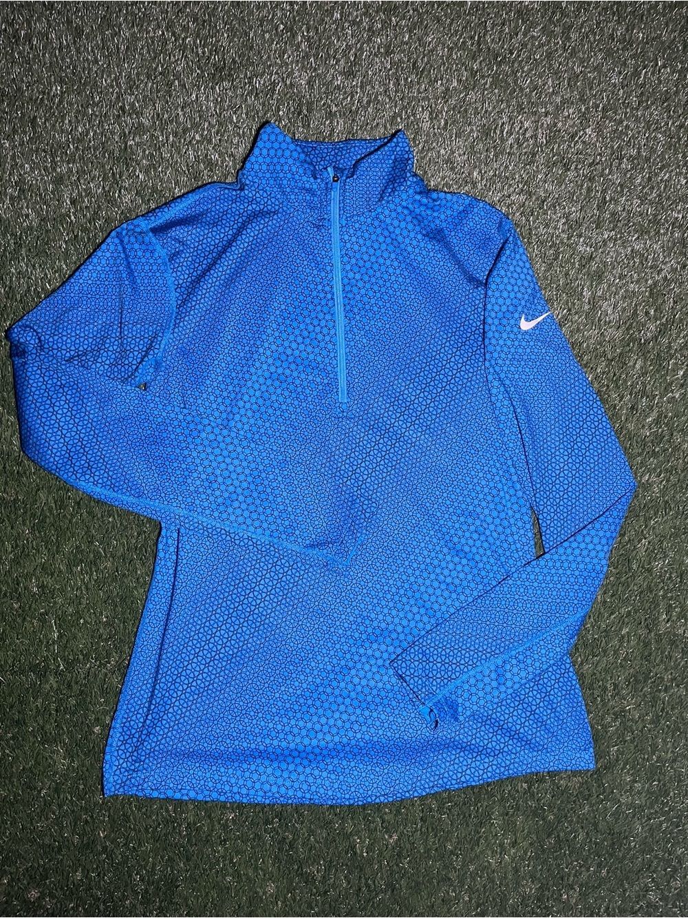 Nike Womens XL Royal Blue Hex Print Fleece Lined Quarter Zip Pullover